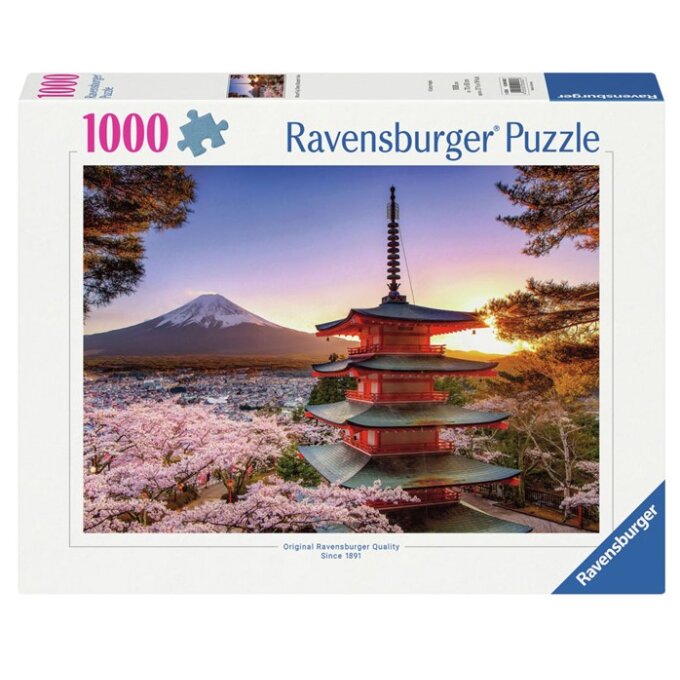 Puzzle 1000 - Hora Fuji pohľad na kvitnúce stromy
