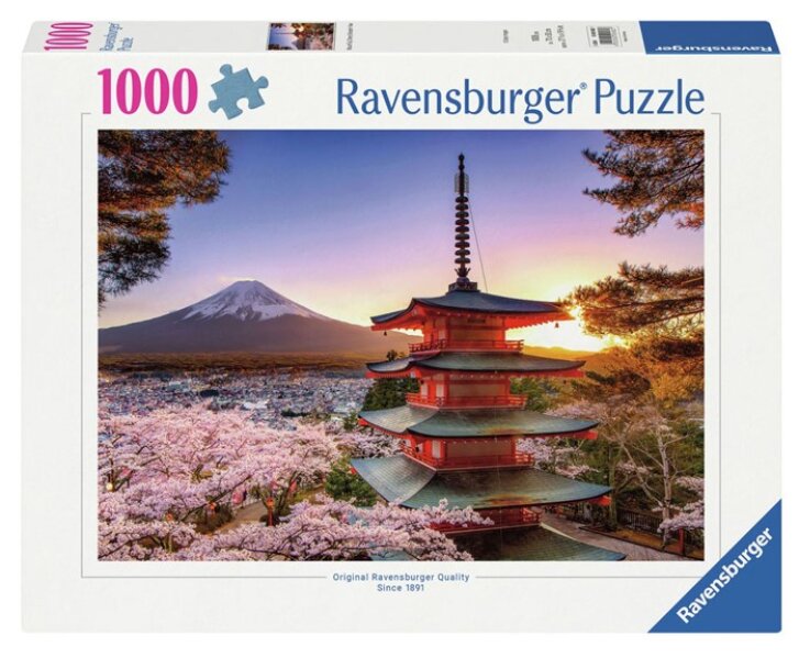 Puzzle 1000 - Hora Fuji pohľad na kvitnúce stromy